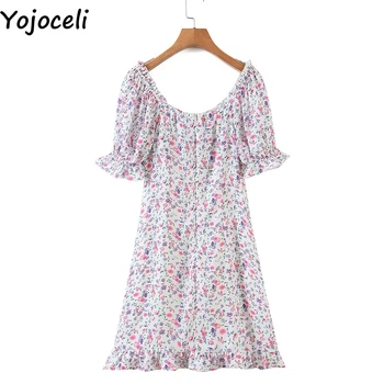 Yojoceli Cvetlični kvadratnih vratu vintage obleko ženske Poletje ruffle kratek plaža obleko Casual sexy sladko mini obleka vestidos