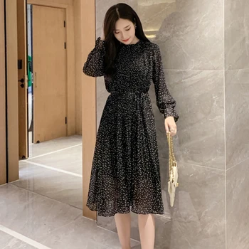 2019 Jeseni Novo Koreja Moda za Ženske Priložnostne A-linijo Dolgo Obleko Elegantno vitek Naguban Šifon Tiskanja Obleke Ženska Vestidos S57