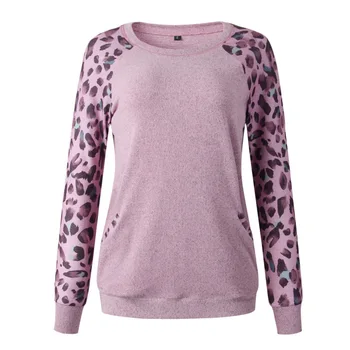 2020 Novo Pomlad Velikih Velikosti Ženske T-shirt Leopard Tiskanja Mozaik Svoboden O Vratu Dolg Rokav T-majice Priložnostne Vrh Ženska Tunika Tees