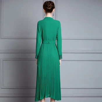 Ženske 2020 pomlad moda nabrano obleko kakovost blagovne znamke dolgimi rokavi, V-izrez elegantno midi obleke zelena črna burgundry plus velikost