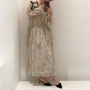 Janpanese Ženske Luč Dolg Rokav Korejski Obleko 2021 Jeseni Poletje V Vratu Priložnostne A-Linijo Visoko Pasu Nabrano Dolgo Maxi Obleke