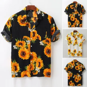 Moški Sončnično Tiskanje Majice Pisane Poletne Kratek Rokav Svoboden Gumb Srajce Priložnostne Slim Fit Hawaiian Majica Bluzo Camisas