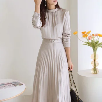 Elegantne retro Obleko za Ženske do leta 2020 Nova Barva O-vratu Visoko pasu Čipke-up Pasu Hujšanje preko Kolena Nabrano Obleko
