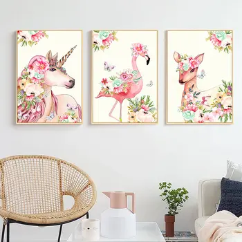 Skandinavski Slog Samorog Flamingo z Rožo Platno Wall Art Natisne Živali, Plakati, Barvanje Slike za dnevno Sobo Decora