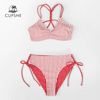 CUPSHE Rdeče Beli Trak Strappy Bikini Določa Seksi Reverzibilna Dnu Kopalke Dva Kosa Kopalke Ženske 2021 Plaži, Kopalne Obleke