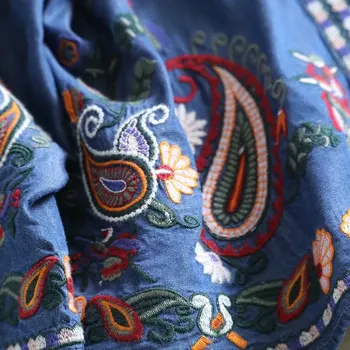 Vezenje ženske denim jopico poncho letnik spusti-ramo kimono bluzo gumb v vratu kimono mehko jeseni poletje kavbojke bluzo