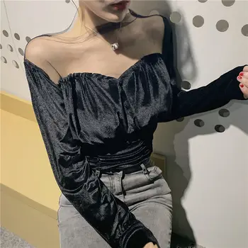 Bluzo Ženske 2020 vidi skozi Očesa Mozaik Zlato Žamet Slim-Fit Dolgimi Rokavi Ženske Blusas Ropa De Mujer