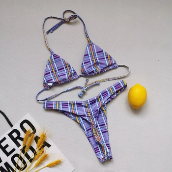 2021 Nove Seksi Ženske Bikini Kopalke Kariran Tiskanja Kopalke Ženske High Cut Biquini Brazilski Kopalke Plažo, Plavanje Obleko