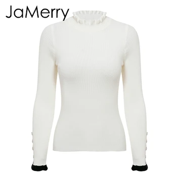 JaMerry Ogrlicom pleteni pulover ženske Prugasta flare rokav gumb ženski pulover skakalec Slim fit ženske turtleneck pulover