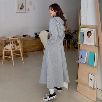 Johnature 2021 Novi Korejski Hooded Ovratnik Preproste Ženske Obleke Pozimi Barva Svoboden Žepi Ženski Pulover S Kapuco Obleko