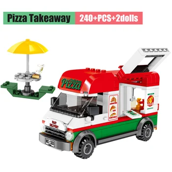 Mesto Street View Takeaway Pizza Avto gradniki Za Sanitarij, Čiščenje Vozil Številke Opeke Igrače za Otroke
