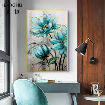 HAOCHU Evropske Modre Rože Chrysanthemum Lily Lotus dekorativne Slike Platno Slikarstvo Stenske Nalepke Doma Na Dekor Plakati