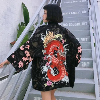 Kimono Jopico Womens Vrhovi In Bluze Japonski Slog Ulične Ženske Ženske Vrhovi Poletje 2019 Dolgo Ženska Majica Črna AA4762