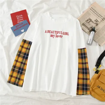 Harajuku kawaii ženske Tshirt Svoboden Priložnostne Dolg Rokav Kariran mozaik t shirt jeseni Študentov Preprosto pismo belo črni barvi majice