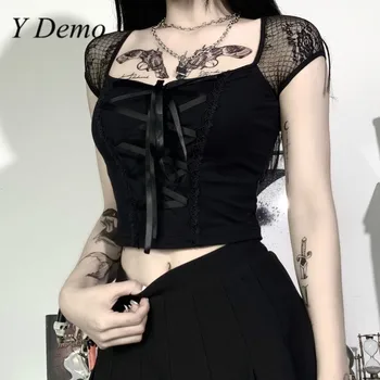 Y Demo Gothic Dark Kratek Rokav Poletje majica s kratkimi rokavi Ženske Kvadratnih Ovratnik Čipke Očesa Slim Crop Tops