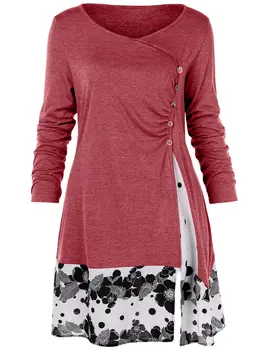 Wipalo Plus Velikost Draped Cvetlični Tunika T-Shirt Zajemalka Vratu Dolg Rokav Gumbi Krasijo Priložnostne Jeseni Ženske Tee Velika Velikost Vrh 5XL