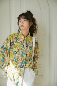 CHEERART Rumeni Cvet Rokavi Ženske Jeseni Leta 2020 Gumb Gor Dolg Rokav Bluzo Svoboden Priložnostne Cvetlični Vrh korejski Modnih Oblačil