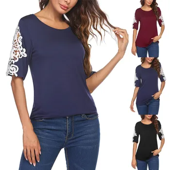 Ženske Barva majice Priložnostne Kratka Sleeved O-Izrez ženska tshirts Čipke Čipke Šivanje Rokavi Top Prijateljice kawaii T-majice