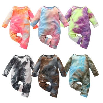 2020 Novo Newborn Baby Romper Bombaž Udobno Tie Dye Barve Playsuit Dolg Rokav Priložnostne Domov Oblačila Jumpsuit Fantje Dekleta