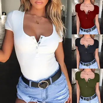 T-shirt dame seksi barva osnovne priložnostne vrh kratko stranka kratek rokav gumbi