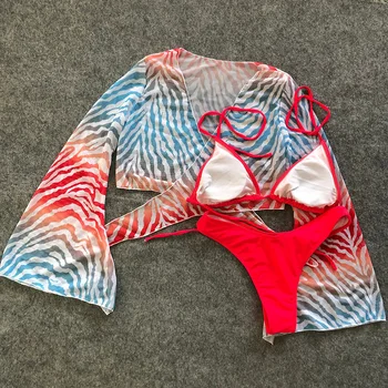 Nove Dolg rokav Plažo Brazilski Bikini 2020 Ženske Kopalke Ženske Kopalke Treh kosov Bikini komplet Prugasta seksi kopalke