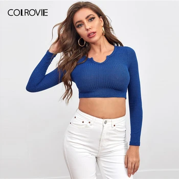 COLROVIE Zarezo Vratu Rebro-plesti Obreži Zgoraj Long Sleeve Solid Ženske Tees 2020 Jeseni Slim Fit Priložnostne majice