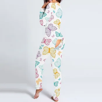 Ženske Proti-vrat Onesies Pijamas Gumb navzdol Spredaj Funkcionalne Buttoned Zavihek Pižamo Odraslih Sleepwear Jumpsuit Pyjama Oversize#40