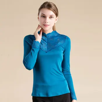 Pomlad in poletje nov high-end svile pletenje, pol visok ovratnik, dolgi rokavi dno bluzo ženske T-shirt svile vrh Svile 1145