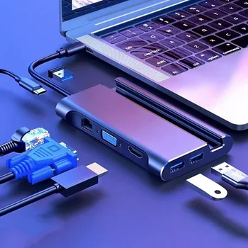 Tip-C7 v 1 Razširitveno Postajo s HDMI + VGA + Gigabit Ethernet Port + 3 x USB + PD + Mobilni Telefon Nosilec HUB Adapter