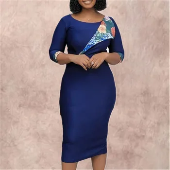 Ženske, Modro Bodycorn Obleke Tiskanja Tri Qua Rokav O Vratu Svinčnik Elegantna Urad Dame Poletje Vestidos Afriške Femal 2021 Nova