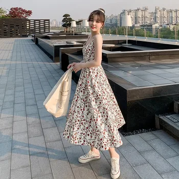 Poletna obleka ženske obleke cvetlični seksi zanko ženska moda A-line korejski bela visoko pasu mid-dolžina obleko Vestido de mujer