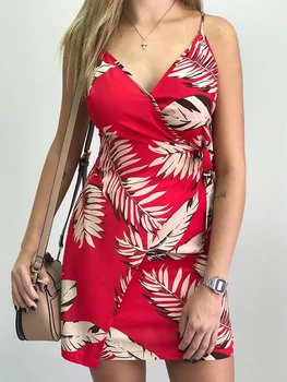 2020 Ženska Moda Cvetni Listi V Vratu Listov Tiskanje Mini Obleka Poleti Proti-Vrat Plaži Priložnostne Sundress