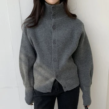 Korejski Enotni-zapenjanje Pletene Cardigan Plašč Ženske 2020 Pozimi Dolg Rokav Turtleneck Pulover, Jakna Vintage Moda Skokih