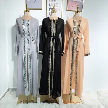 Moda Sequins Trim Kimono Abayas za Ženske do leta 2020 Dubaj Muslimanskih Skromno Eid Mubarak Maroški arabski, turški Islamske Obleka Black