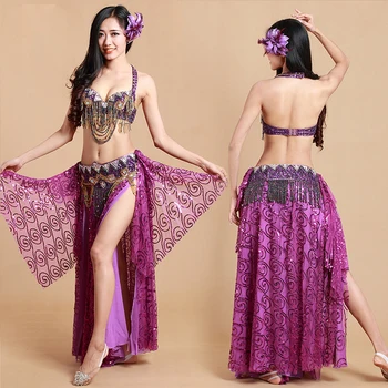 2019 Ženske Ples, Oblačila, Orientalski Slog Obleko Beaded Ples Trebuh Kostum Nastavite Modrc Pasu Krilo Sequins Dolga Krila