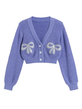Vijolična Proti-vrat kratek pulover 2020early jeseni morju Moher, pletene cardigan izpostavljeni popka pulover ženske lok bleščica design