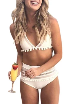 2019 Seksi Žensk Povodcem Retro Očesa Bikini Komplet Push up oblazinjeni povoj kopalke Bobble Tassel kopalkah na Plaži kopalke