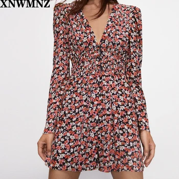 XNWMNZ Za ženske do leta 2020 Moda tiskana obleka Ženska Elegantna Dolge rokave Elastični pas podrobno gumb Kratek Proti-vrat mini obleke