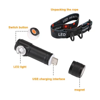 Sanyi LED Smerniki 3-Mode Svetlobi Žarometa USB Polnjenje Glavo Baklo Ribolov, Kampiranje Lučka Magnetni Bliskavico Vgrajeno Baterijo
