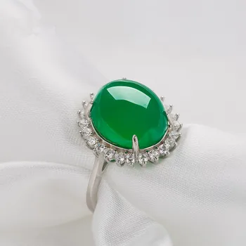 925 Srebro Jade Krog Obroč Naravno Zeleno Chalcedony Agate Čar, Moda Nakit Vklesan Amulet Darila za Svoje Ženske