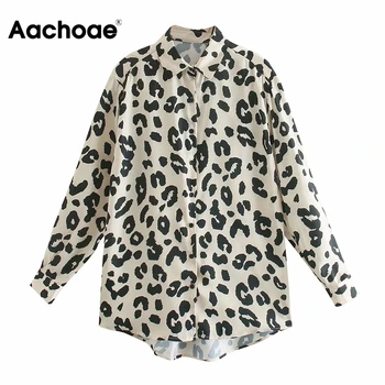 Aachoae Ulične Leopard Bluzo Majica Dolg Rokav Dame Tunika Vrhovi Znižuj Ovratnik Urad Shirt Ženski Ropa De Mujer 2020