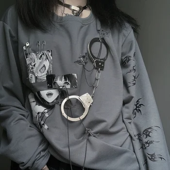 Prvotni Načrt Punk Gothic Metal Svoboden Mid-Dolžina Puloverju Natisnjeni tanke dolg rokav japonska velika sweatshirts plus velikost siva