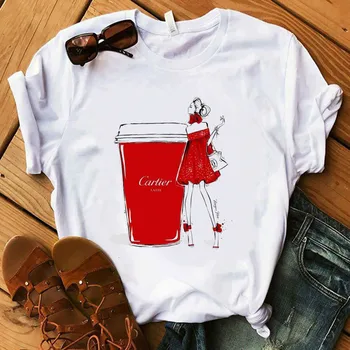 Modna Majica Lady Luksuzni sestavljajo Zbirko Kave Majica s kratkimi rokavi Ženske Poletje Priložnostne Vrhovi Dekle Hipster T-majice