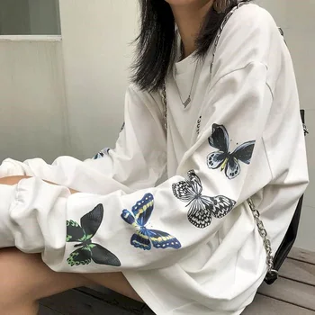 ženska tshirts Dolgo sleeved majica s kratkimi rokavi ženske 2020 jeseni novo Harajuku slog bf slog metulja print korejski študent svoboden ins vrh
