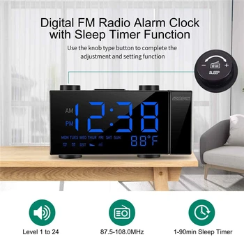 Digitalni Projekcijski Budilka 2 Alarm Zatemniti Ura FM Radio Termometer Polnjenje prek kabla USB Vrata Vreme Koledarski Čas Projekcija
