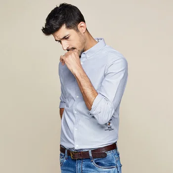 KUEGOU 2020 Jeseni Bombažne Vezenine, Siva Majica Moški Obleko Gumb Priložnostne Slim Dolg Rokav Za Moške Modne blagovne Znamke Bluzo 5317