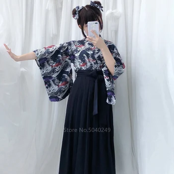 Japonski Slog Tradicionalnih Kimono Obleko za Ženske Ženski Modni Vzorec Natisnjene na Vrhu Barva Dolgo Kratka Obleka Komplet s Pasom