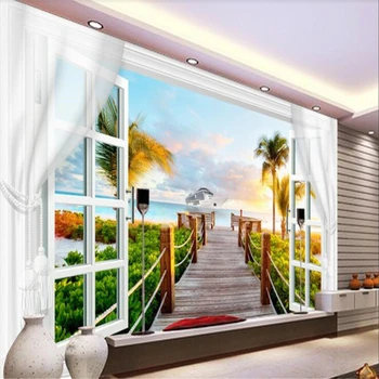 Beibehang ozadje po Meri zidana dnevna soba pokrajino 3D okna zavese kokosovih palm TV ozadju stene steno papirjev doma dekor