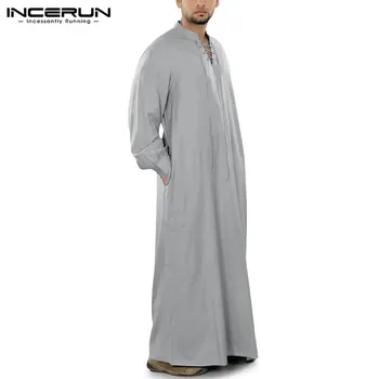 Arabski islamski tam kaftan Moških Dolg Rokav Čipke Priložnostne V Vratu Barva Obleke Mens Jubba Thobe Muslimanskih Abaya Bližnjem Vzhodu INCERUN