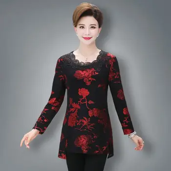 Moda Pomlad Jesen Ženske Čipke Tee Vrh Priložnostne Dolg Rokav T-Shirt Cvetlični Mati Oblačila Plus Velikost Ženske Dno Majica